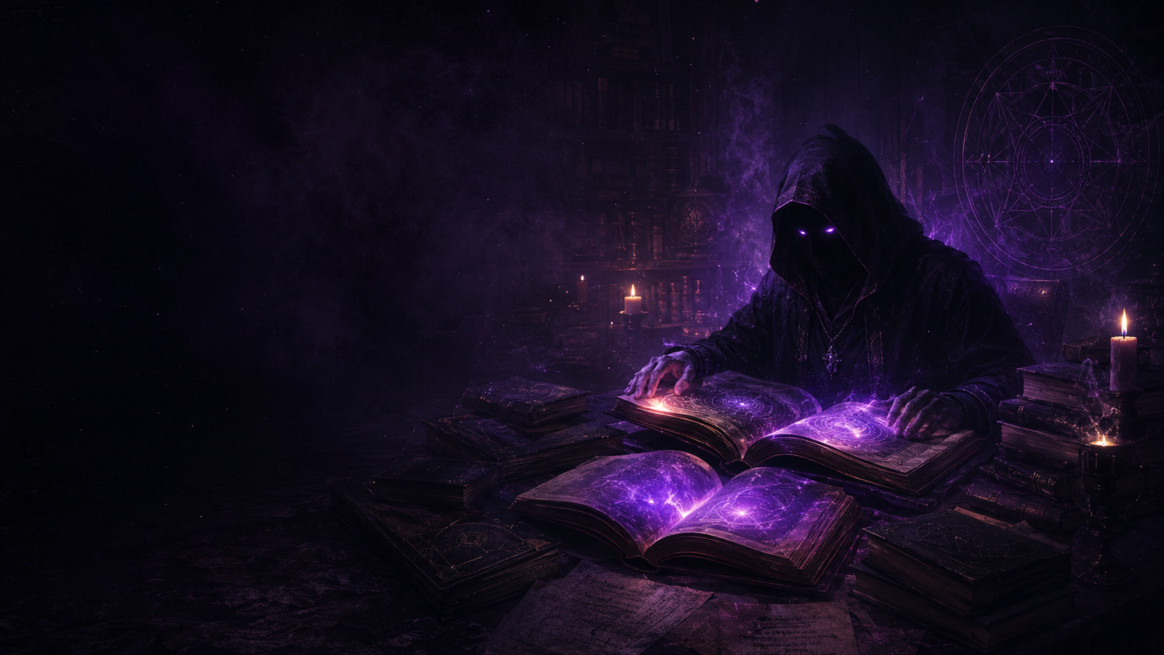 Warlock reading glowing books