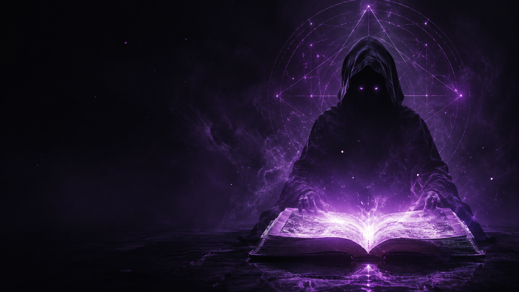 Hooded figure reading a glowing book