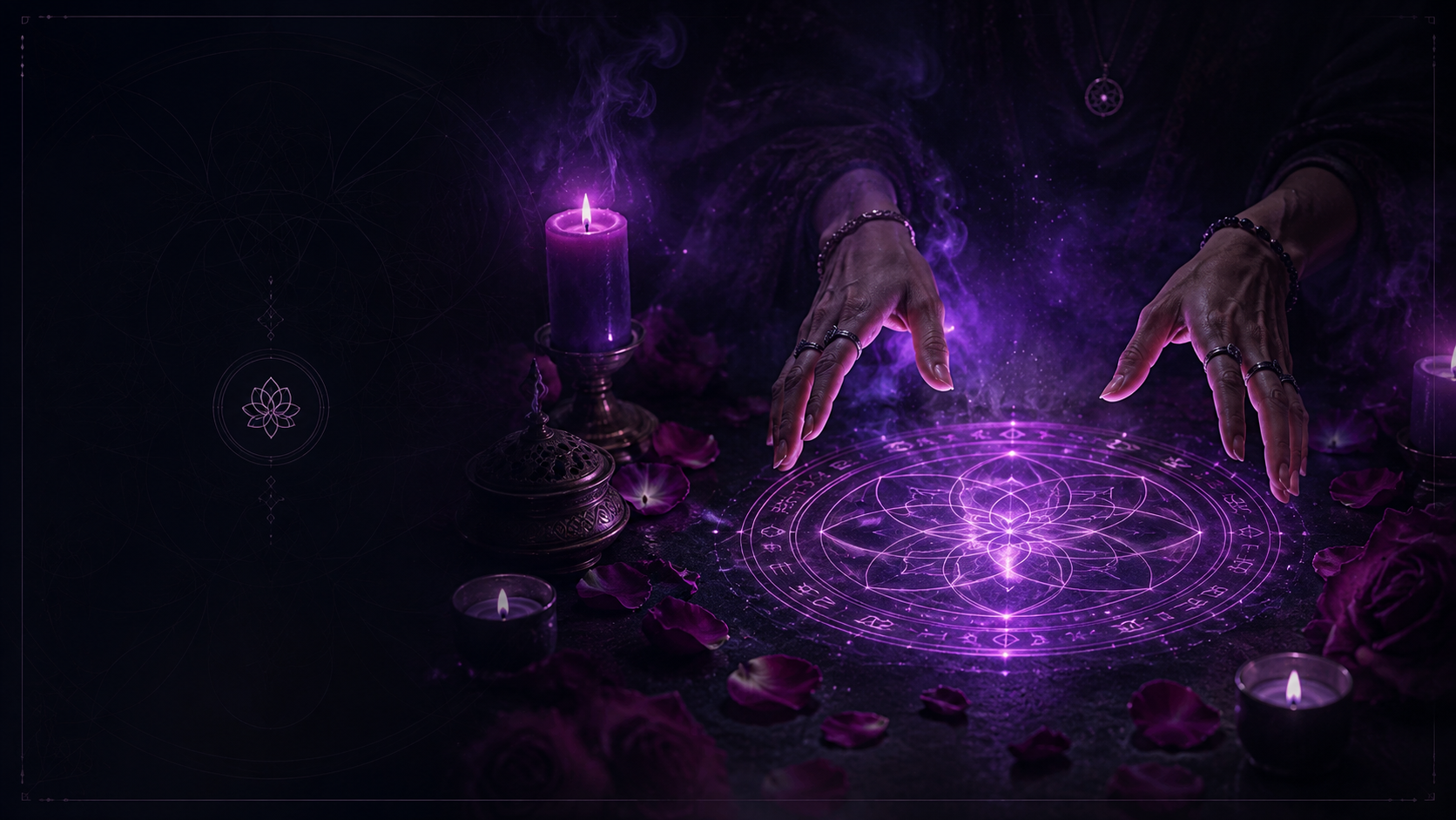 Love and Peace incantation with illuminated symbol and candles